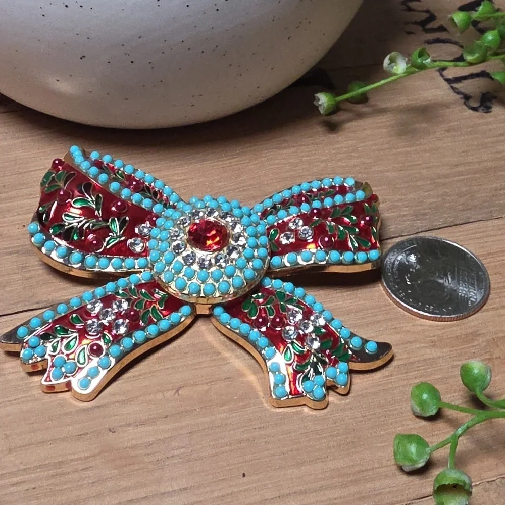 Anthropologie Red and Turquoise Bow Brooch